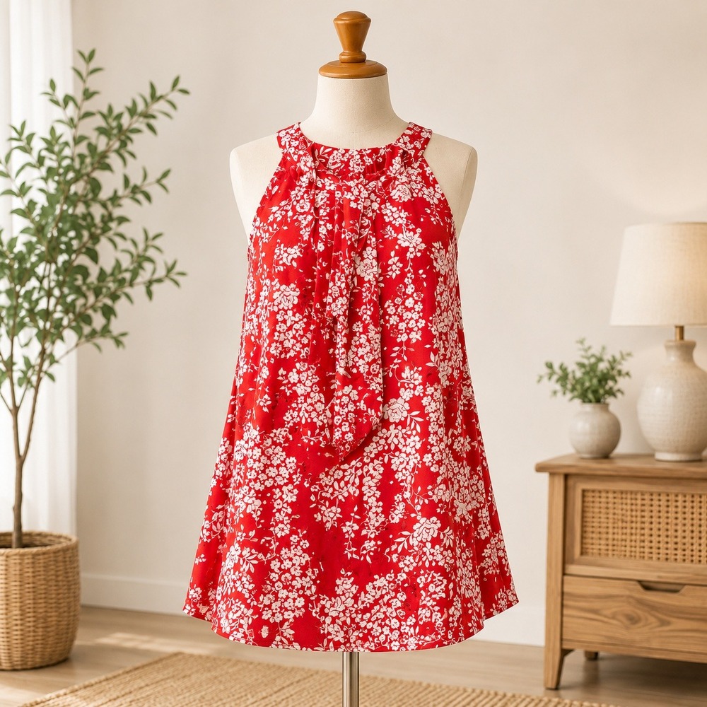 NWT Cupshe Halter Neck Blouse Small Red White Floral Tie Back CAA04A5D011AE